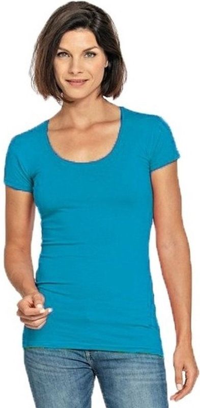 Bodyfit dames t-shirt turquoise met ronde hals - Dameskleding basic shirts