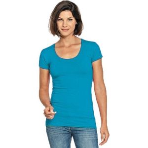 Bodyfit dames t-shirt turquoise met ronde hals - Dameskleding basic shirts