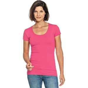 Bodyfit dames t-shirt fuchsia roze met ronde hals - Dameskleding basic shirts