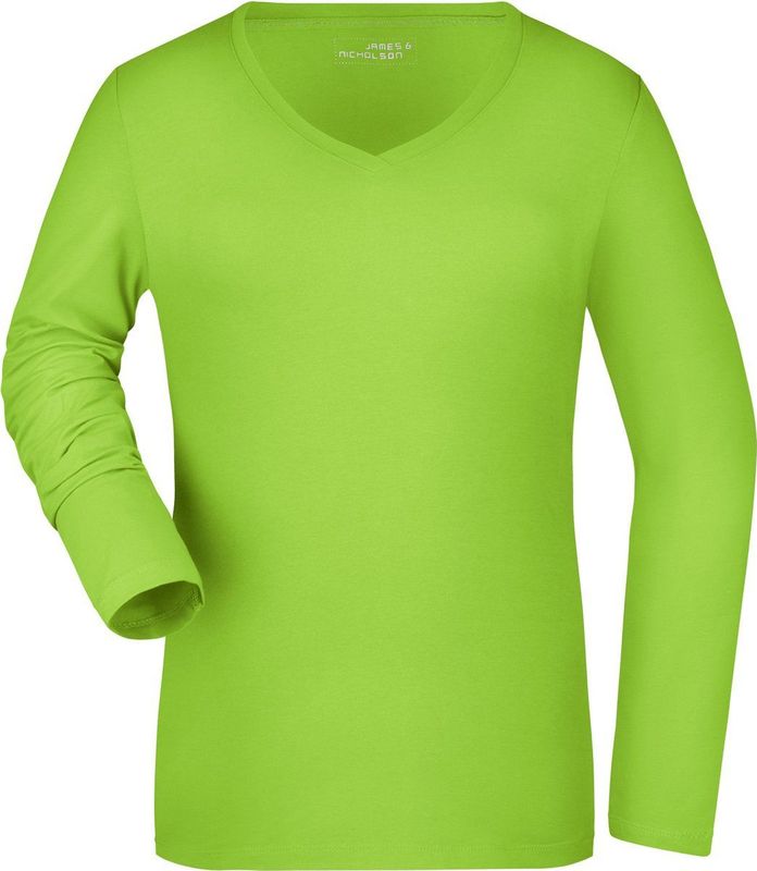 James & Nicholson - V-hals Shirt - Lange Mouw - Lime Groen - Katoen