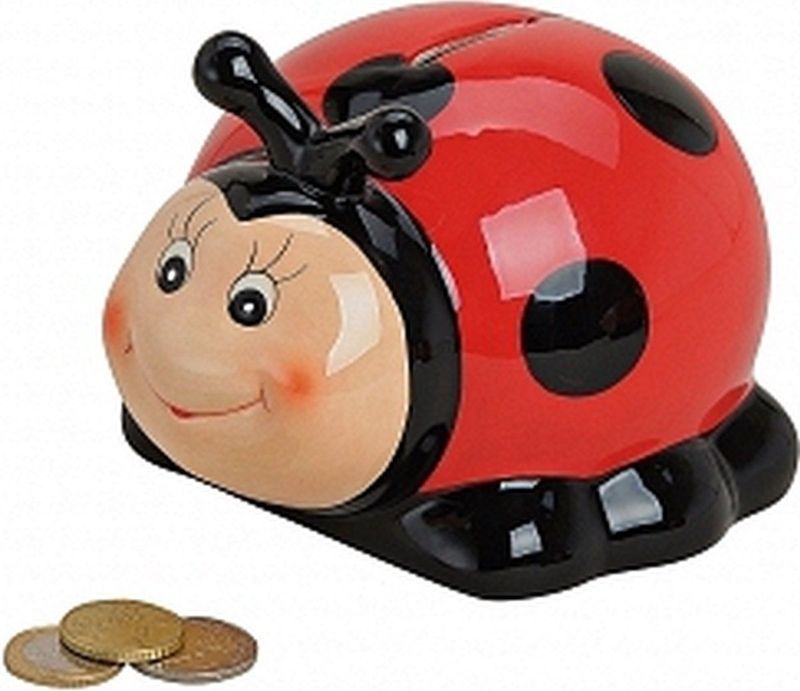 Spaarpot voor kinderen - lieveheersbeestje - dieren - 14 x 13 x 11 cm - keramiek - rood/zwart - met dop
