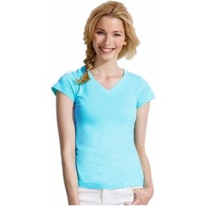 Dames t-shirt V-hals lichtblauw 100 katoen slimfit - Dameskleding shirts