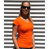 Dames t-shirt V-hals oranje 100 katoen slimfit - Dameskleding shirts
