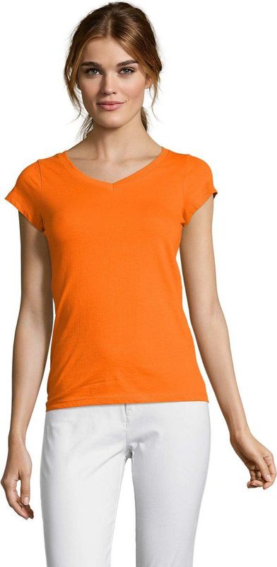 Dames t-shirt V-hals oranje 100 katoen slimfit - Dameskleding shirts