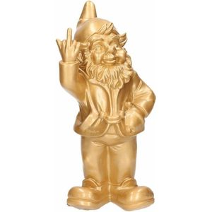 Stoobz design Tuinkabouter met middelvinger - Polystone - 30 cm - goud - buiten decoratie