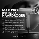 MAX PRO - Infinity Föhn - Zwart - 2100W - Inclusief Diffuser en Opzetstukken