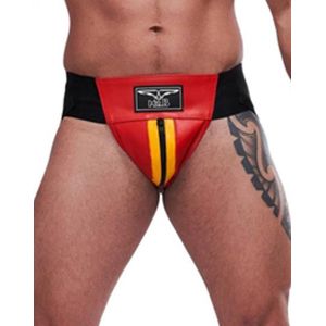 Mister B leren circuit jockstrap rood met gele bies - xs