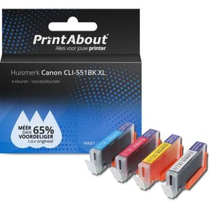 PrintAbout huismerk Inktcartridge CLI-551BK XL 4-kleuren Multipack Hoge capaciteit Geschikt voor Canon
