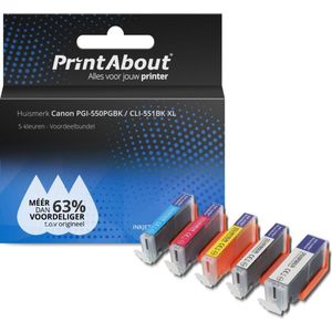 PrintAbout huismerk Inktcartridge PGI-550PGBK / CLI-551BK XL 5-kleuren Multipack Hoge capaciteit Geschikt voor Canon