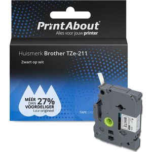 PrintAbout huismerk Tape TZe-211 Zwart op wit (6 mm) geschikt voor Brother