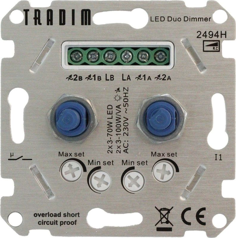 Tradim - LED Dimmer DUO inbouw - 3-100W - Fase afsnijding - Hotelschakelaar functie