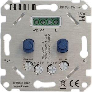 Led duo dimmer inbouw 2x 3-100W | Fase afsnijding (RC) | Tradim, 2600