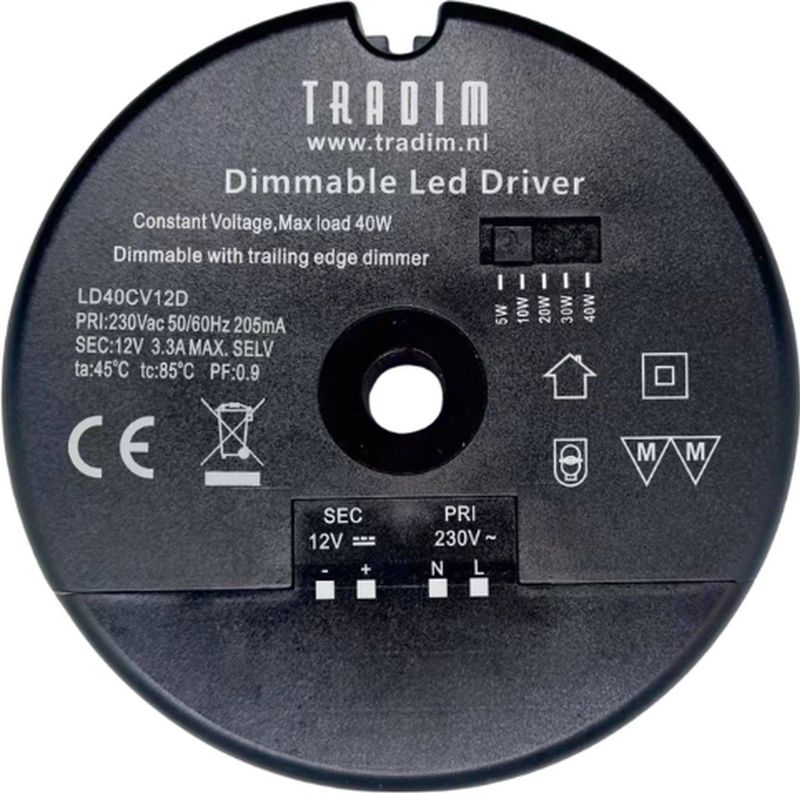 LED Driver - LED Transformator - Dimbaar - Rond - Met gat - LD40CV12D - Tradim