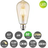Edison - Vintage E27 LED Filament Lichtbron - Amberglas - 6W - 660Lm