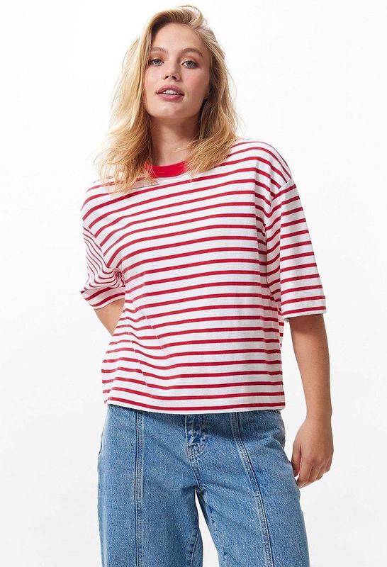 Catwalk Junkie - Striped Loose Fit T-shirt - Rood - Katoen