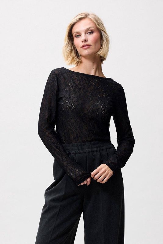 Longsleeve - Zwart - Aangesloten - Stretch Kant - Boothals