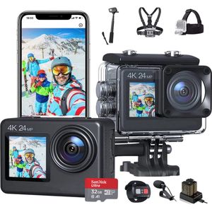 JC's - Action Camera 5K - Touchscreen - Inclusief 64GB SD kaart - Borstband - Selfie stick - Hoofdband - Dual lader - Afstandbediening - Externe microfoon - EIS Stabilisatie - Action Camera's - Vlog camera - Actie Camera