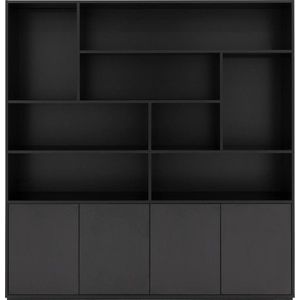 Goossens Basic Buffetkast Madrid, 4 dichte deuren 8 open vakken, zwart melamine, 184 x 191 x 45 cm, elegant chic