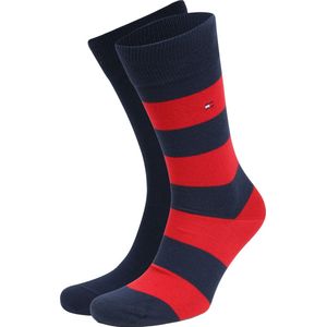 Tommy Hilfiger - Rugby Stripe Socks - Herensokken - Blauw met Rood - 2-pack