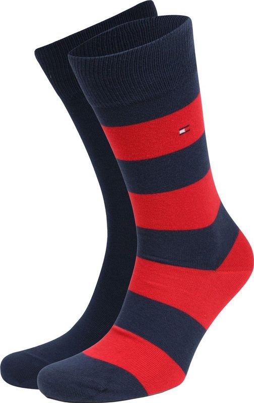 Tommy Hilfiger - Rugby Stripe Socks - Herensokken - Blauw met Rood - 2-pack