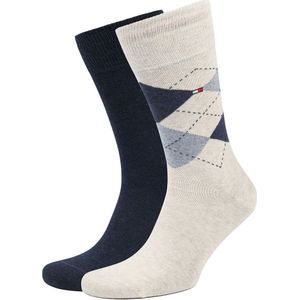 Tommy Hilfiger - Check Socks - Herensokken - Beige met Jeansblauw - 2-pack