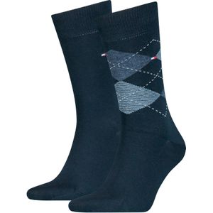 Tommy Hilfiger Check Socks (2-pack), herensokken katoen, geruit en uni, donkerblauw