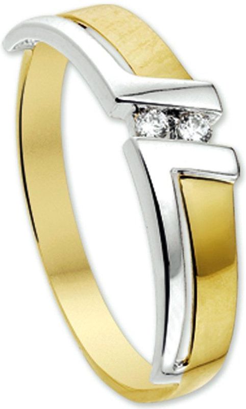 Ring - Bicolor - Wit- en Geelgouden Ring - 14K Goud - Met Zirkonia