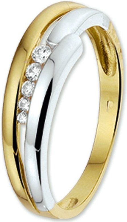 Ring - Bicolor - Wit- en Geelgouden Ring - Zirkonia - 14K Goud