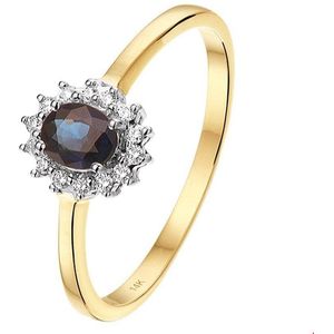 ring saffier en diamant 0.10ct h si halo 14K bicolor goud geel/wit 4208170