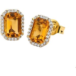 Oorknopjes - Geelgoud - Citrien en Diamant - 0.14ct - 14K - 9.5x7mm