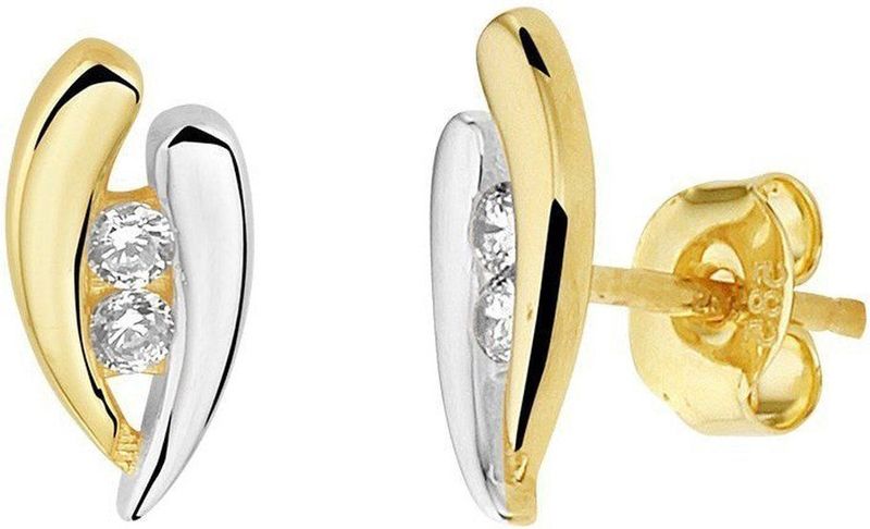 Oorknopjes - Bicolor - Goud Geel/Wit - 14K - Zirkonia - 11x5.5mm