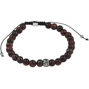 kralenarmband rood tijgeroog 6,5 mm 19 - 26 cm zilver gerhodineerd met rubber/nylon/leer 1800825