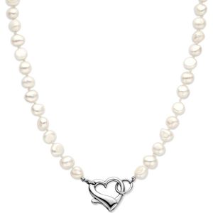 Zilver - Gerhodineerde Collier - Parels en Hart - 9 mm - 45 cm