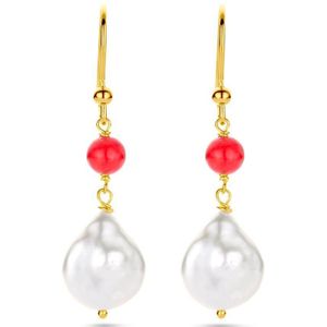 zilver verguld (geel) oorhangers parel barok en rood agaat franse haak 1 micron 2103601