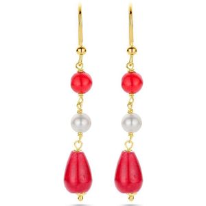 zilver verguld (geel) oorhangers parel en rood agaat franse haak 1 micron 2103603