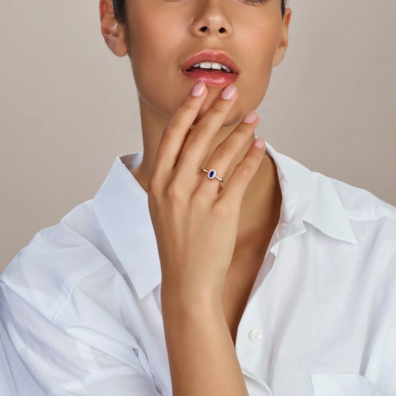 Ring - Lab Grown Saffier En Diamant - 14K Geelgoud - 0.075ct H Si Halo