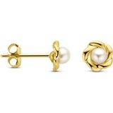14K Geelgoud - Oorknoppen - Bloem - 6 mm - Met Zoetwaterparel