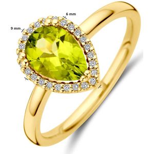 14K Geelgoud Ring - Peridot en Diamant - 0.08ct - Halo - 17.75