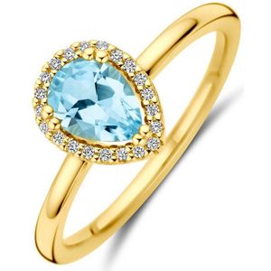 14K Geelgoud - Ring - Sky Blue Topaas en Diamant 0.06ct - Halo - 9.5mm Breedte