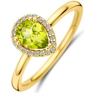 14K Geelgoud - Ring - Peridot en Diamant - 0.06ct - Halo - 17.25