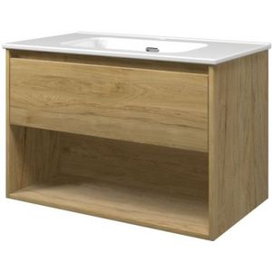 Proline Elegant Badmeubel Met Open Vak Met Keramische Wastafel Met 1 Kraangat - Ideal Oak - 80x46cm  - Badkamermeubels - Badmeubel Sets