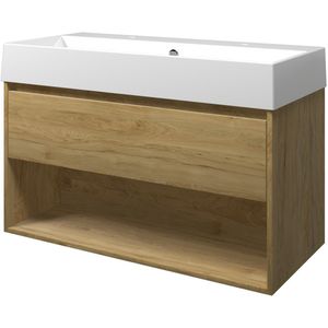 Proline Loft Badmeubel Met Open Vak Met Keramische Wastafel Met 2 Kraangaten - Ideal Oak - 100x46cm  - Badkamermeubels - Badmeubel Sets