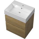 Proline Loft badmeubel met keramische wastafel zonder kraangat en onderkast a-symmetrisch - Ideal oak - 60x46cm (bxd)