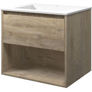 Proline Elegant Badmeubel Met Open Vak Met Polystone Wastafel Met 1 Kraangat - Raw Oak/Mat Wit - 60x46cm  - Badkamermeubels - Badmeubel Sets