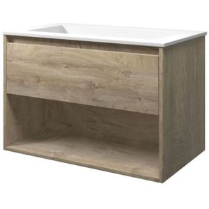 Proline Elegant Badmeubel Met Open Vak Met Polystone Wastafel Zonder Kraangat - Raw Oak/Mat Wit - 80x46cm  - Badkamermeubels - Badmeubel Sets