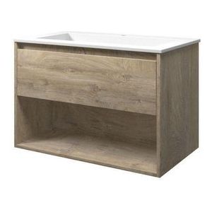 Proline Elegant badkamermeubelset - 80x46x54cm - polystone Elegant wastafel - 1 kraangat - met schap - MFC Raw oak/Mat wit 1815971