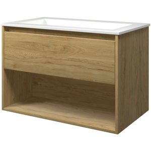 Proline Elegant Badmeubel Met Open Vak Met Polystone Wastafel Zonder Kraangat - Ideal Oak/Glans Wit - 80x46cm  - Badkamermeubels - Badmeubel Sets