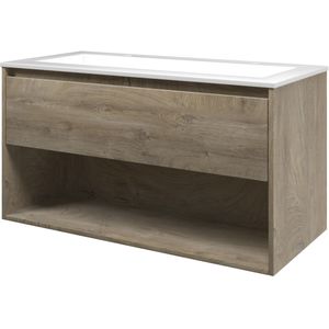 Proline Elegant Badmeubel Met Open Vak Met Polystone Wastafel Met 2 Kraangaten - Raw Oak/Glans Wit - 100x46cm  - Badkamermeubels - Badmeubel Sets