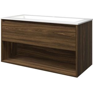 Proline Elegant Badmeubel Met Open Vak Met Polystone Wastafel Met 1 Kraangat - Cabana Oak/Glans Wit - 100x46cm  - Badkamermeubels - Badmeubel Sets