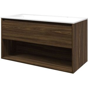 Proline Elegant Badmeubel Met Open Vak Met Polystone Wastafel Met 2 Kraangaten - Cabana Oak/Mat Wit - 100x46cm  - Badkamermeubels - Badmeubel Sets